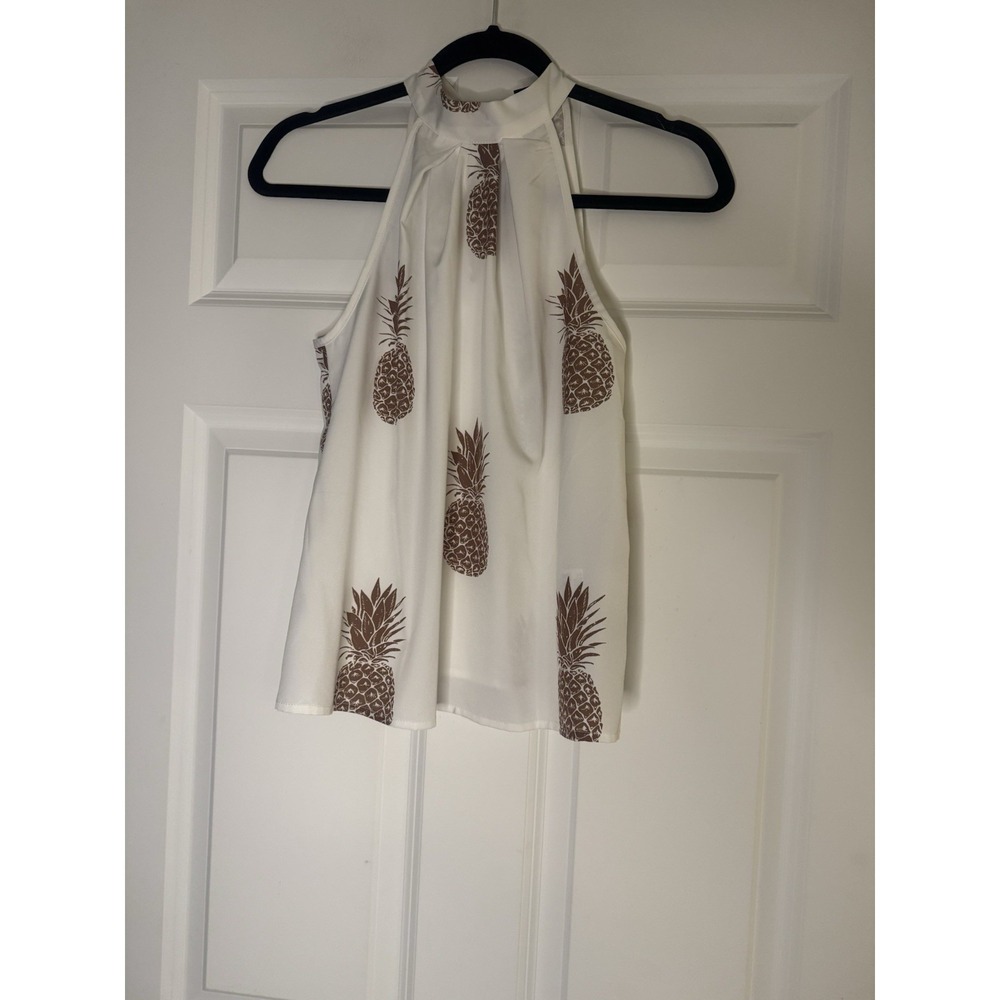 SHEIN Halter Neck Tank Top Tie Neck XS White W Brown Pineapple Print